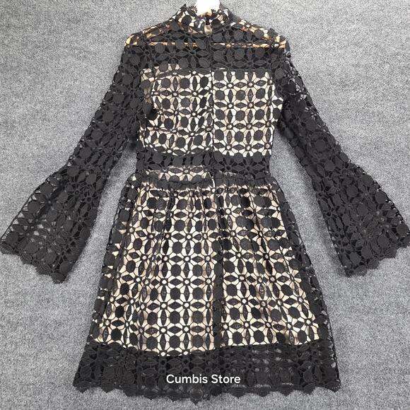 EillyBazar Dress Womens Medium Black Crochet High Neck Bell Sleeve Mini Cocktail - Picture 8 of 13